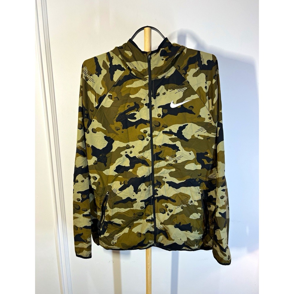 Nike Camo Hooded Running Jacket Mens Full Zip Brown Black Swoosh Lightweight